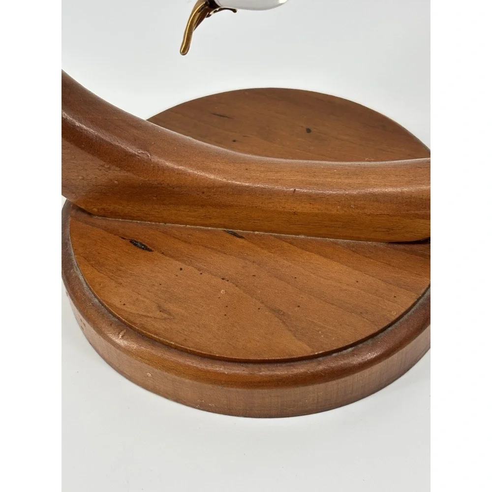 Vtg Wood Crescent Stand With Glass Hummingbird Moon Ornament Display‎ Holder 7